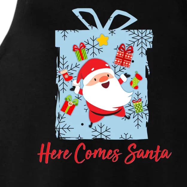 Christmas Here Comes Santa Gift Box Ladies Tri-Blend Wicking Tank