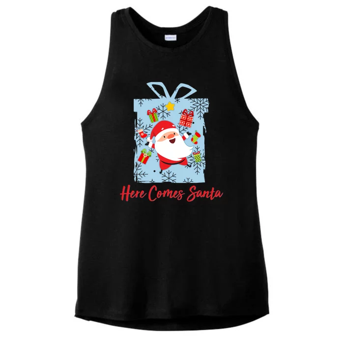 Christmas Here Comes Santa Gift Box Ladies Tri-Blend Wicking Tank