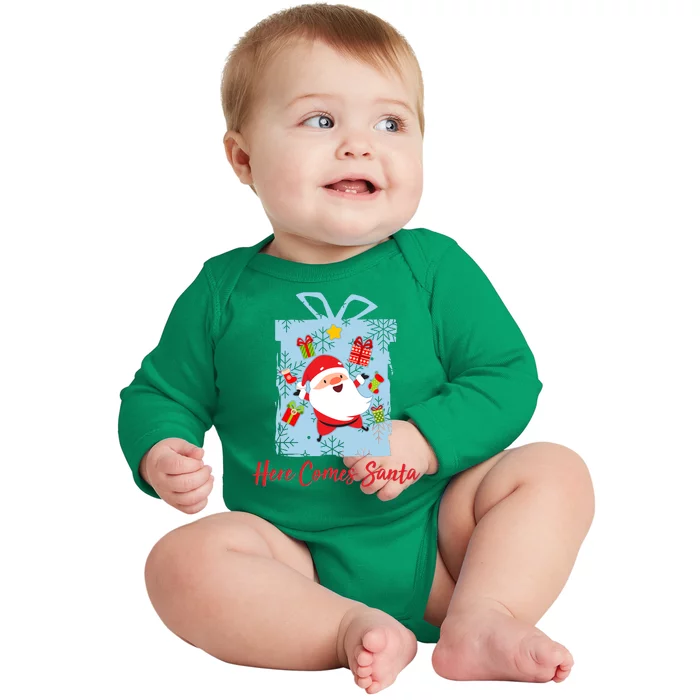 Christmas Here Comes Santa Gift Box Baby Long Sleeve Bodysuit