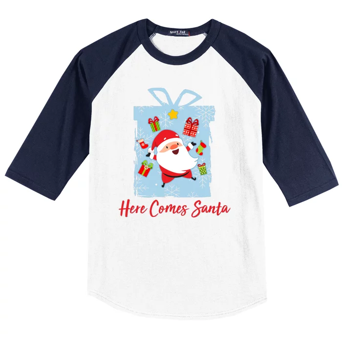 Christmas Here Comes Santa Gift Box Baseball Sleeve Shirt