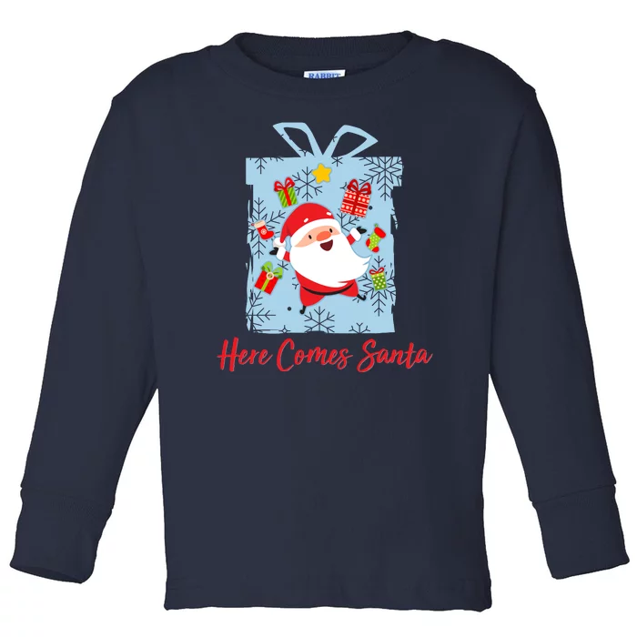 Christmas Here Comes Santa Gift Box Toddler Long Sleeve Shirt