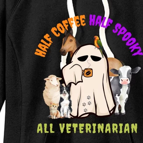 Cute Half Coffee Half Spooky Halloween Veterinarian Funny Gift Women's Fleece Hoodie