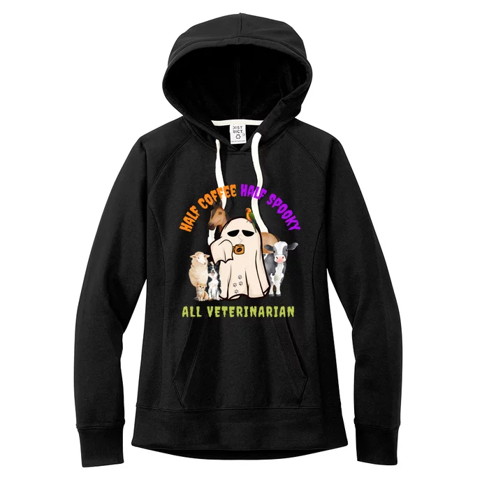 Cute Half Coffee Half Spooky Halloween Veterinarian Funny Gift Women's Fleece Hoodie