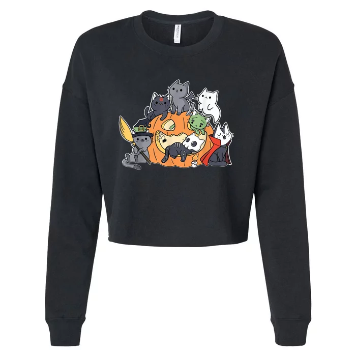 Cute Halloween Cat Pumpkin House Cropped Pullover Crew