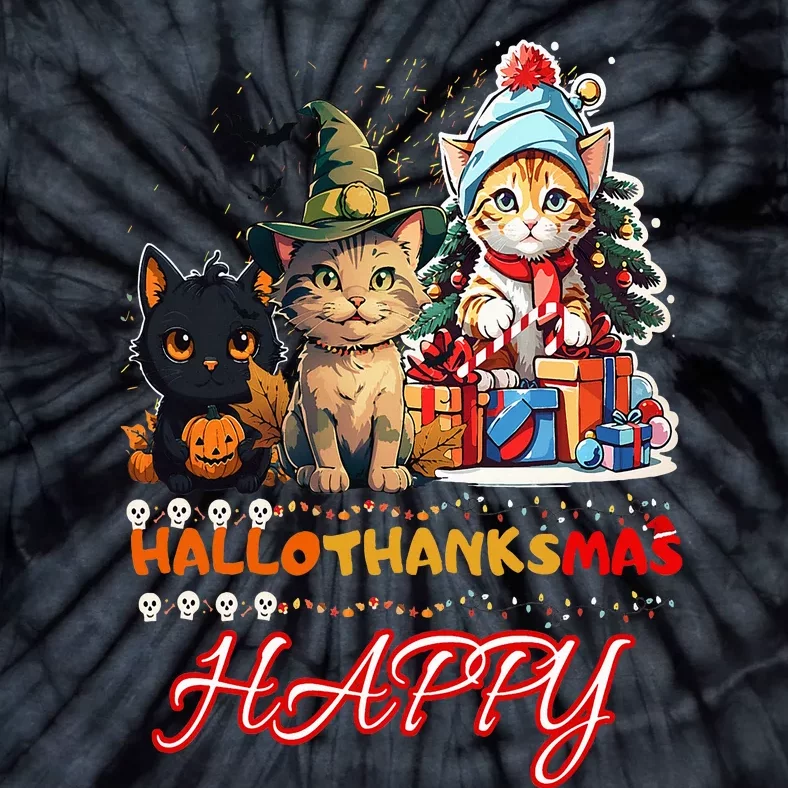 Cat Halloween Christmas Happy Hallothanksmas Thanksgiving Tie-Dye T-Shirt