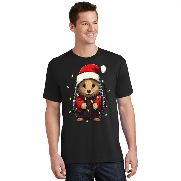 Cute Hedgehog Christmas Lights Santa Hat Xmas Pajama T-Shirt