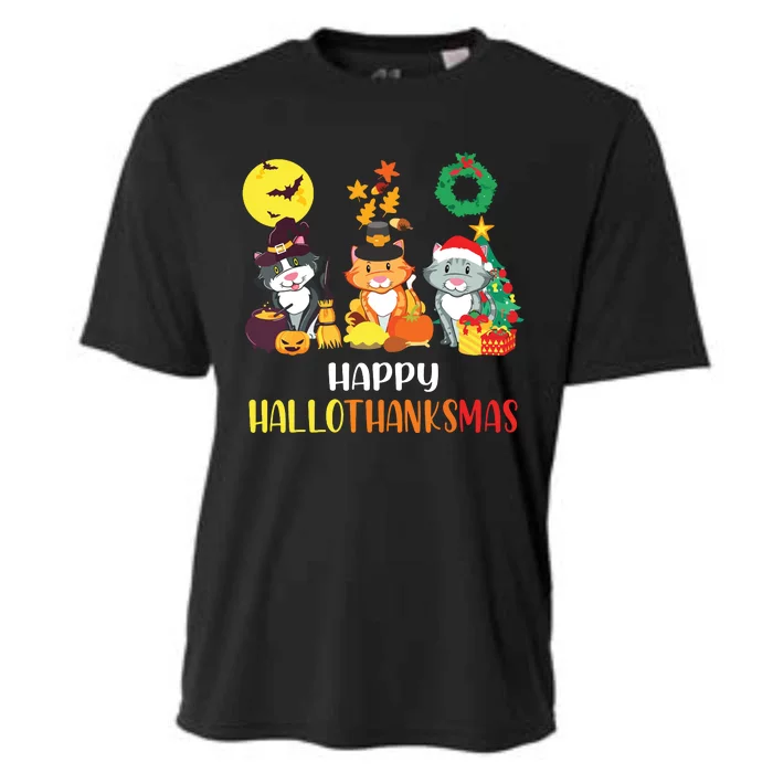 Cat Halloween Christmas Happy Hallothanksmas Thanksgiving Cooling Performance Crew T-Shirt