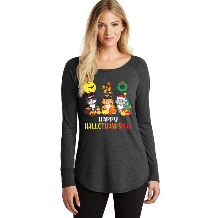 Cat Halloween Christmas Happy Hallothanksmas Thanksgiving Women's Perfect Tri Tunic Long Sleeve Shirt