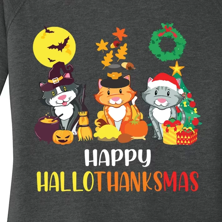 Cat Halloween Christmas Happy Hallothanksmas Thanksgiving Women's Perfect Tri Tunic Long Sleeve Shirt