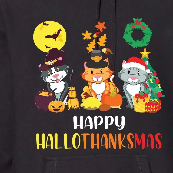 Cat Halloween Christmas Happy Hallothanksmas Thanksgiving Premium Hoodie