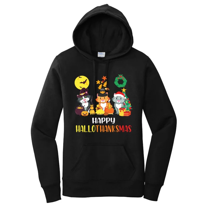 Cat Halloween Christmas Happy Hallothanksmas Thanksgiving Women's Pullover Hoodie