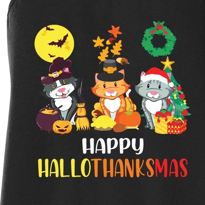 Cat Halloween Christmas Happy Hallothanksmas Thanksgiving Women's Racerback Tank