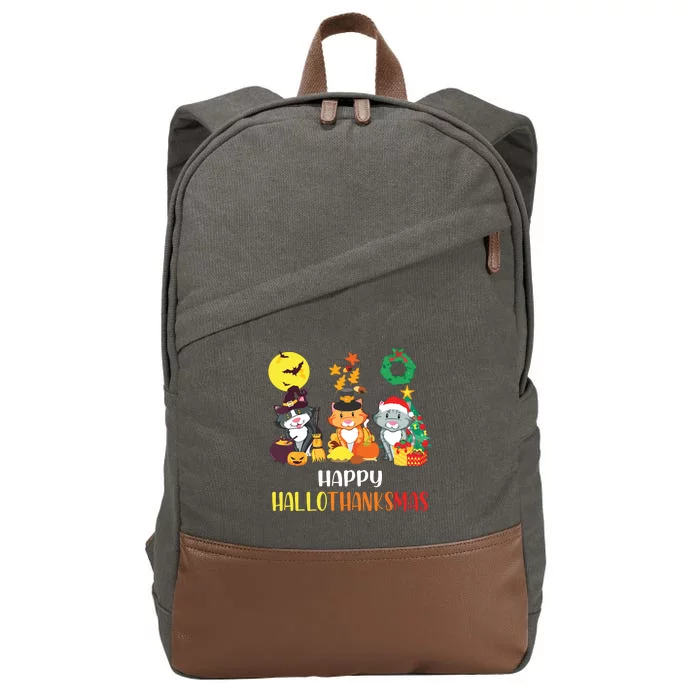 Cat Halloween Christmas Happy Hallothanksmas Thanksgiving Cotton Canvas Backpack