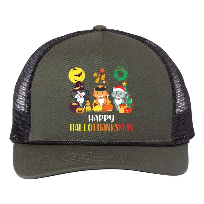 Cat Halloween Christmas Happy Hallothanksmas Thanksgiving Retro Rope Trucker Hat Cap