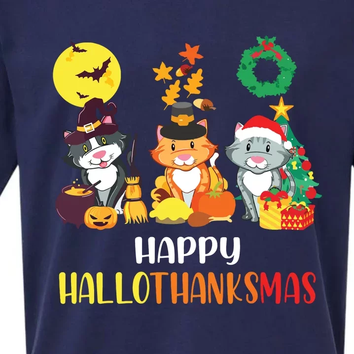 Cat Halloween Christmas Happy Hallothanksmas Thanksgiving Sueded Cloud Jersey T-Shirt