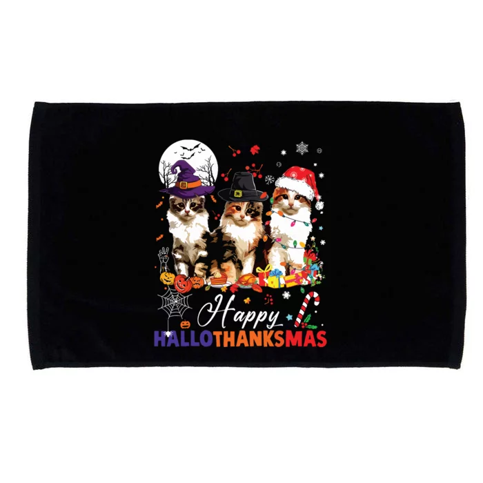 Cat Halloween Christmas Happy Hallothanksmas Thanksgiving Microfiber Hand Towel