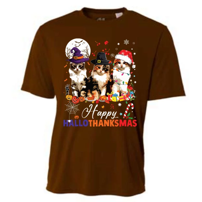 Cat Halloween Christmas Happy Hallothanksmas Thanksgiving Cooling Performance Crew T-Shirt