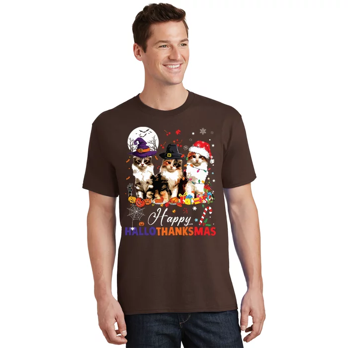 Cat Halloween Christmas Happy Hallothanksmas Thanksgiving T-Shirt