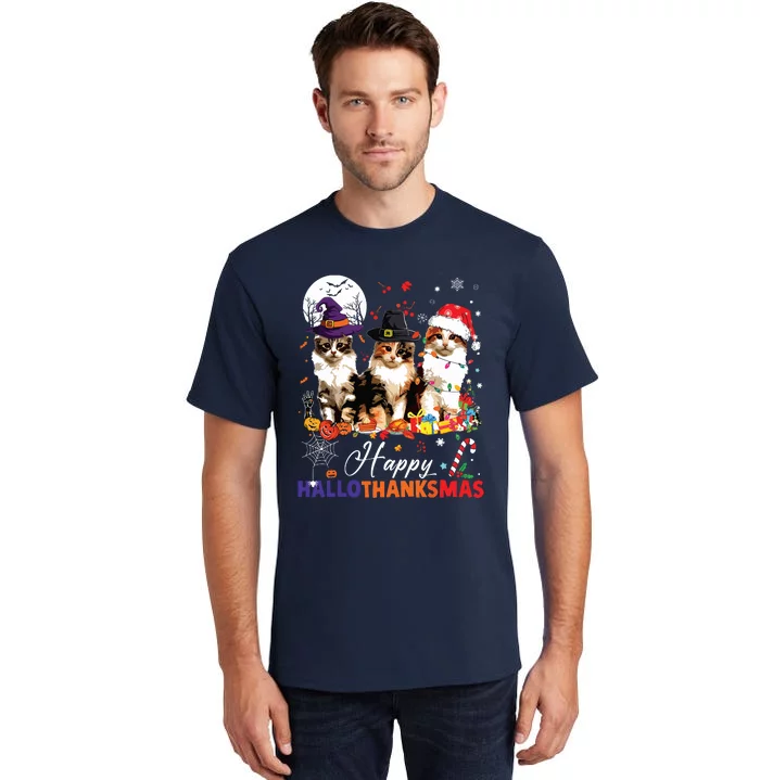 Cat Halloween Christmas Happy Hallothanksmas Thanksgiving Tall T-Shirt