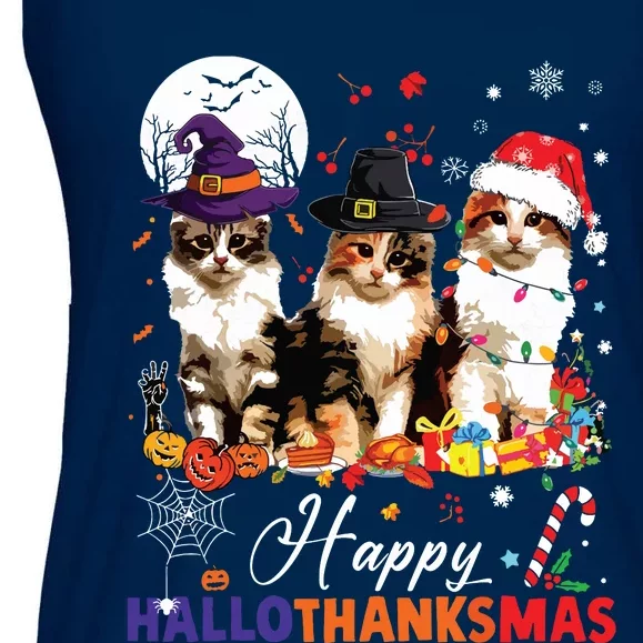 Cat Halloween Christmas Happy Hallothanksmas Thanksgiving Ladies Essential Flowy Tank