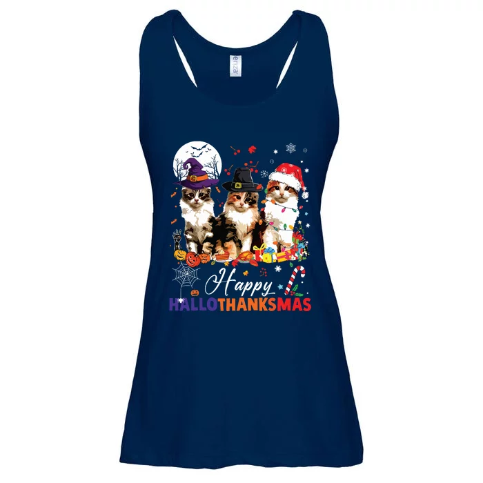 Cat Halloween Christmas Happy Hallothanksmas Thanksgiving Ladies Essential Flowy Tank