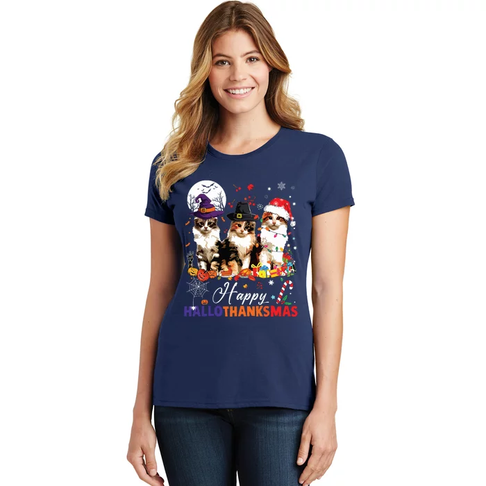 Cat Halloween Christmas Happy Hallothanksmas Thanksgiving Women's T-Shirt