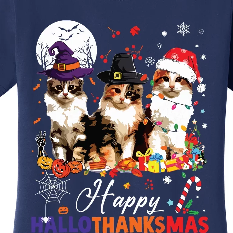 Cat Halloween Christmas Happy Hallothanksmas Thanksgiving Women's T-Shirt