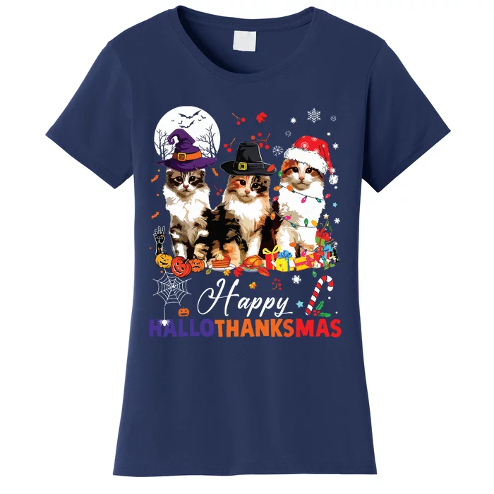 Cat Halloween Christmas Happy Hallothanksmas Thanksgiving Women's T-Shirt