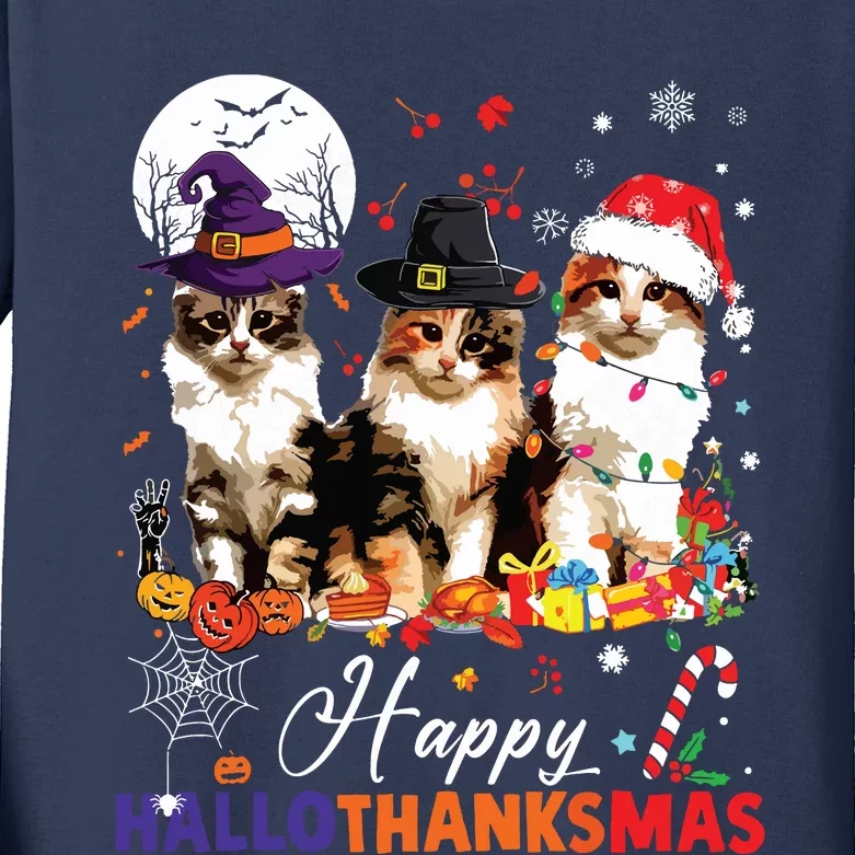 Cat Halloween Christmas Happy Hallothanksmas Thanksgiving Kids Long Sleeve Shirt