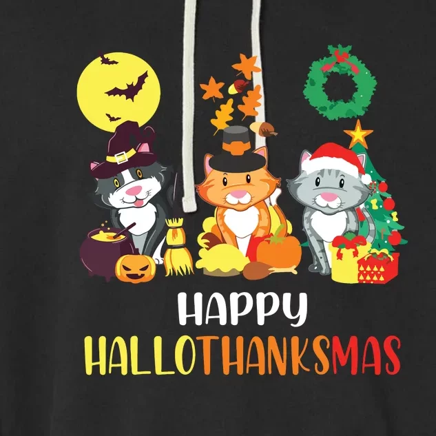 Cat Halloween Christmas Happy Hallothanksmas Thanksgiving Garment-Dyed Fleece Hoodie