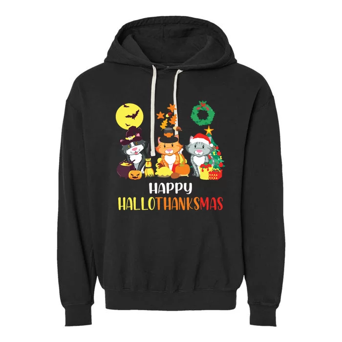 Cat Halloween Christmas Happy Hallothanksmas Thanksgiving Garment-Dyed Fleece Hoodie