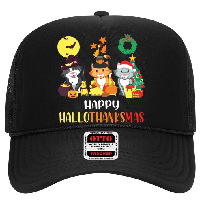 Cat Halloween Christmas Happy Hallothanksmas Thanksgiving High Crown Mesh Trucker Hat