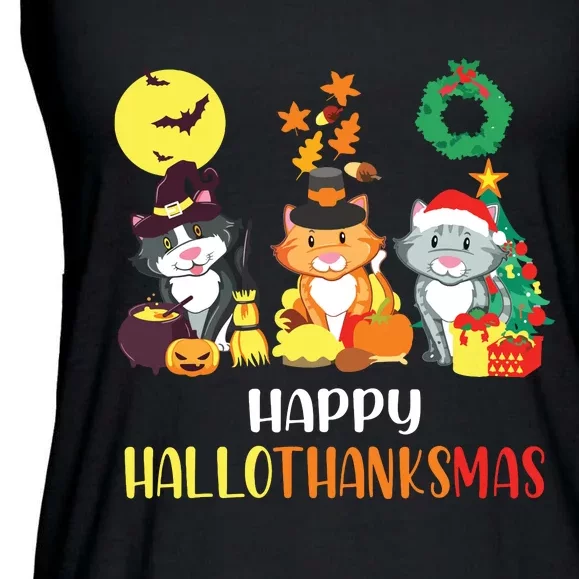 Cat Halloween Christmas Happy Hallothanksmas Thanksgiving Ladies Essential Flowy Tank