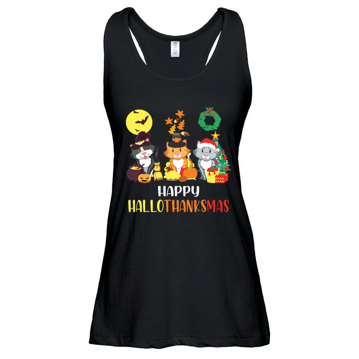 Cat Halloween Christmas Happy Hallothanksmas Thanksgiving Ladies Essential Flowy Tank