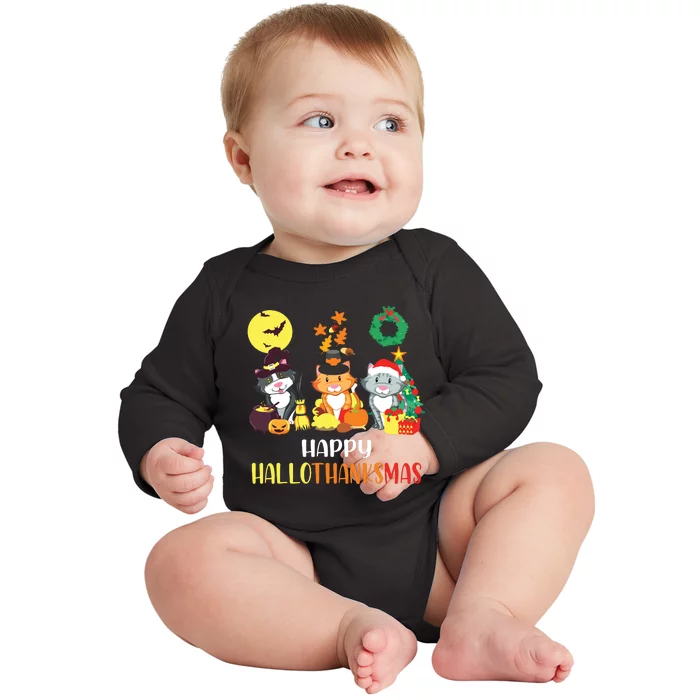 Cat Halloween Christmas Happy Hallothanksmas Thanksgiving Baby Long Sleeve Bodysuit