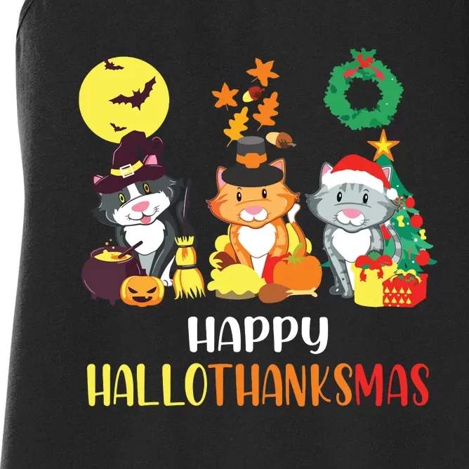 Cat Halloween Christmas Happy Hallothanksmas Thanksgiving Women's Racerback Tank