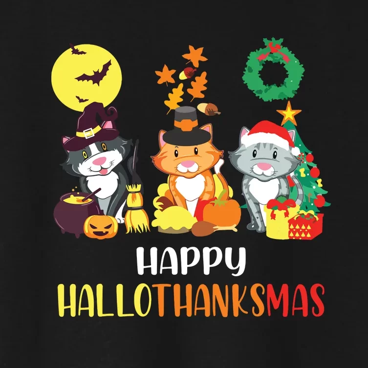 Cat Halloween Christmas Happy Hallothanksmas Thanksgiving Women's Crop Top Tee