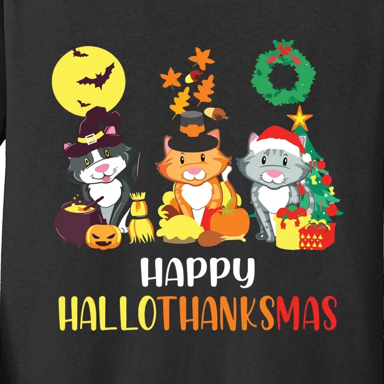 Cat Halloween Christmas Happy Hallothanksmas Thanksgiving Kids Long Sleeve Shirt