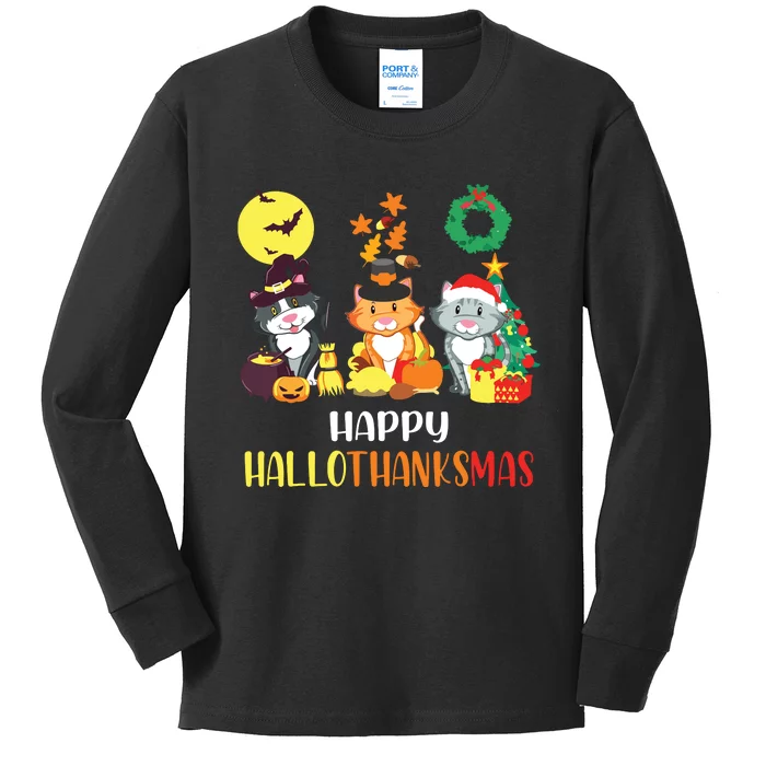 Cat Halloween Christmas Happy Hallothanksmas Thanksgiving Kids Long Sleeve Shirt