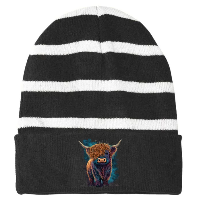 Cute Highland Cattle Cow Funny Highland Cow Striped Beanie with Solid Band