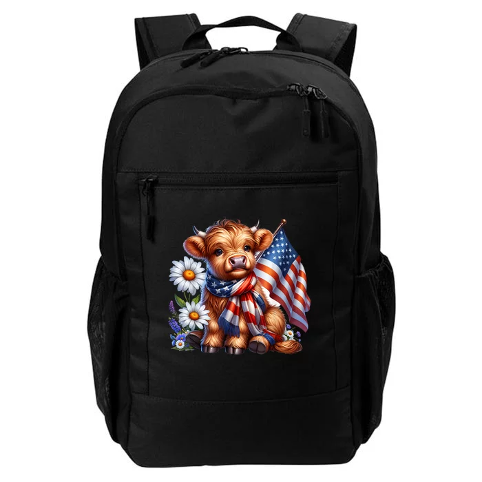 Cute Highland Cow Florals 4th Of July Usa Flag Patriotic Cow Gift Daily Commute Backpack