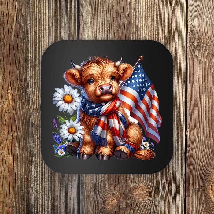 Cute Highland Cow Florals 4th Of July Usa Flag Patriotic Cow Gift Coaster