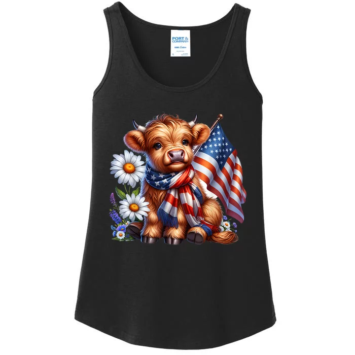 Cute Highland Cow Florals 4th Of July Usa Flag Patriotic Cow Gift Ladies Essential Tank