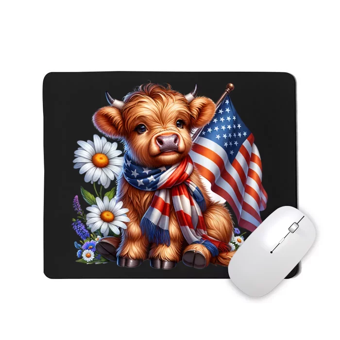 Cute Highland Cow Florals 4th Of July Usa Flag Patriotic Cow Gift Mousepad