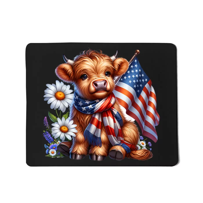 Cute Highland Cow Florals 4th Of July Usa Flag Patriotic Cow Gift Mousepad