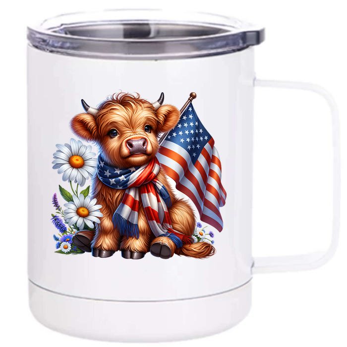 Cute Highland Cow Florals 4th Of July Usa Flag Patriotic Cow Gift Front & Back 12oz Stainless Steel Tumbler Cup