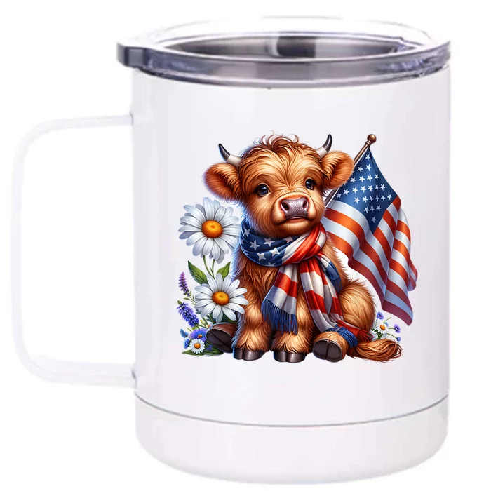 Cute Highland Cow Florals 4th Of July Usa Flag Patriotic Cow Gift Front & Back 12oz Stainless Steel Tumbler Cup