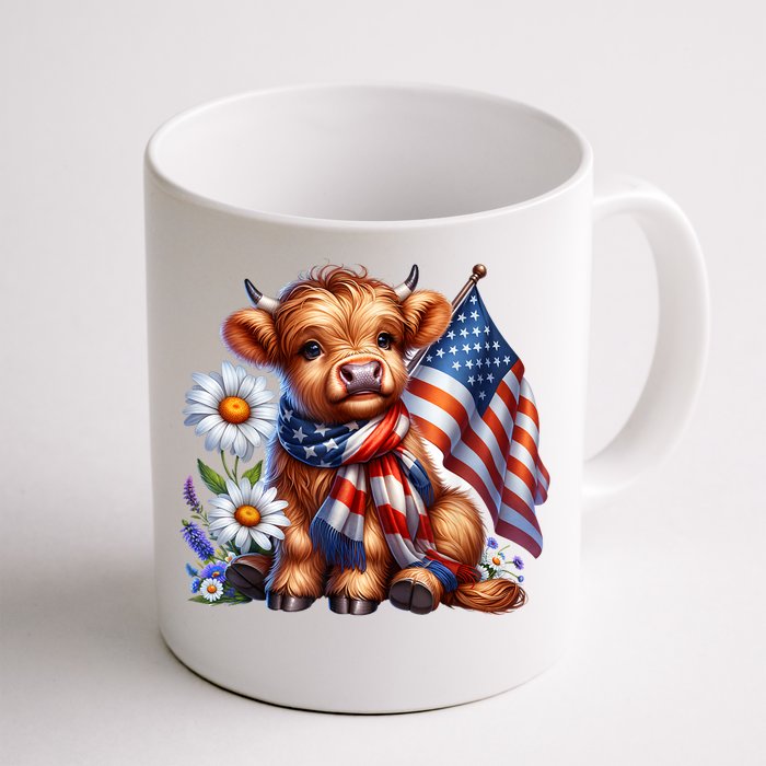 Cute Highland Cow Florals 4th Of July Usa Flag Patriotic Cow Gift Front & Back Coffee Mug