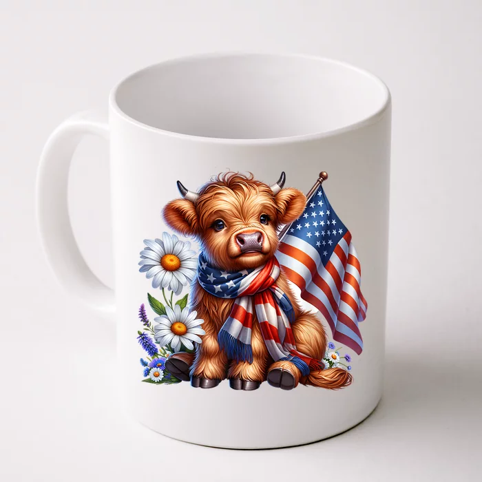 Cute Highland Cow Florals 4th Of July Usa Flag Patriotic Cow Gift Front & Back Coffee Mug