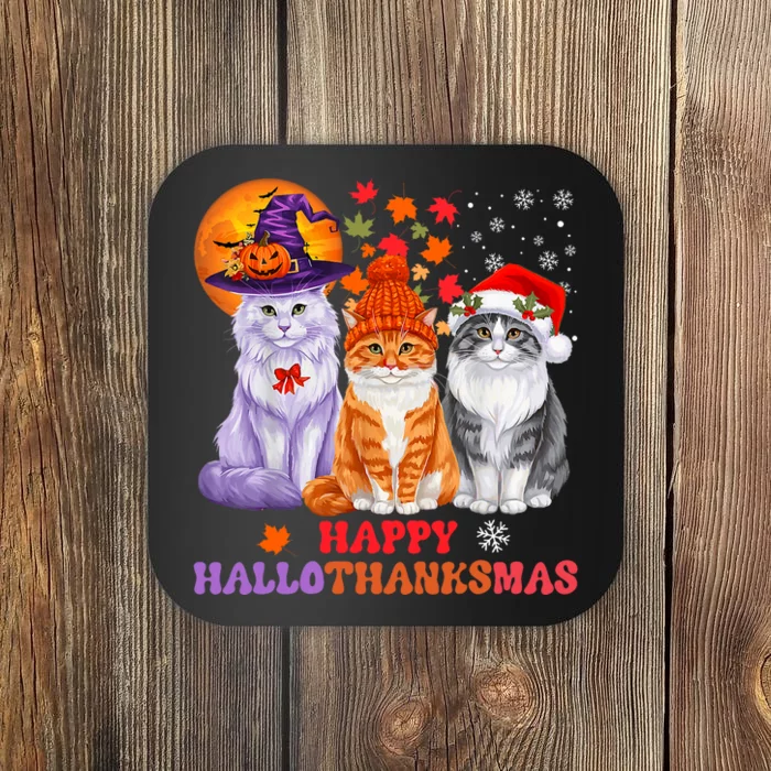 Cat Halloween Christmas Happy Hallothanksmas Thanksgiving Coaster